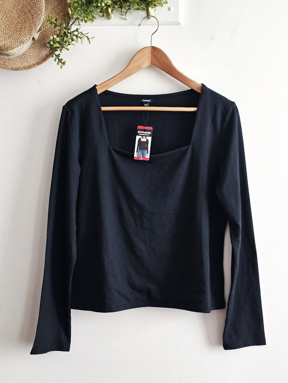 Express Black Square Neck Long Sleeve Stretch Top Women’s XL NWT